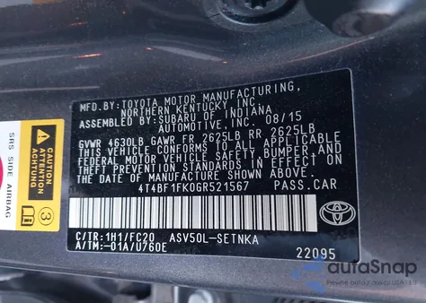 2016 Toyota Camry Le z USA, uszkodzony, nr VIN 4T4BF1FK0GR521567